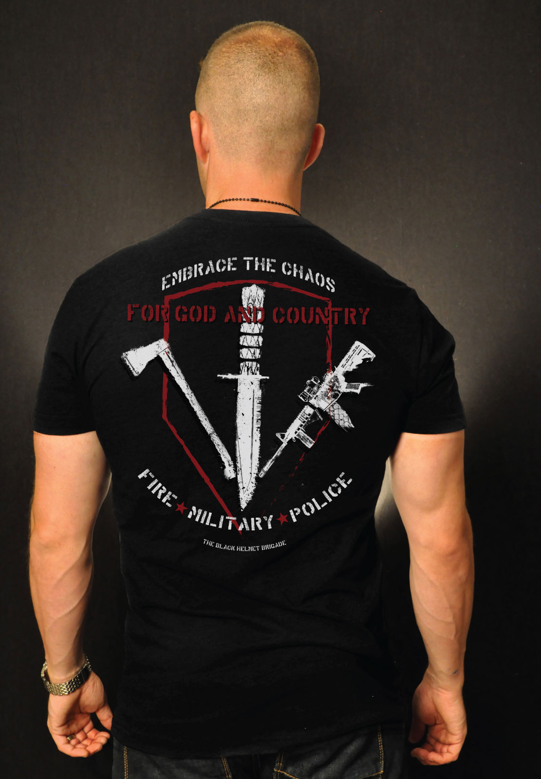 Embrace the Chaos Fire, Military, Police TShirt (Black