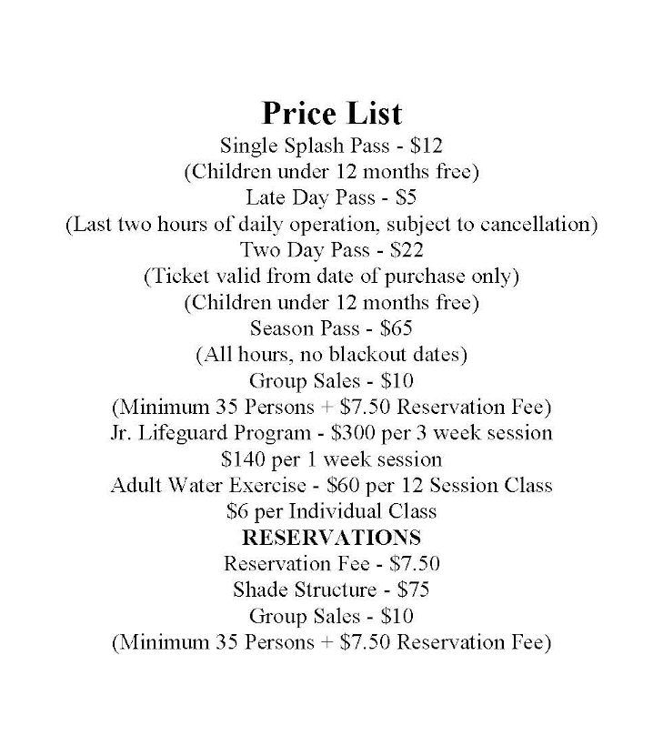 Waterpark Price List 2013